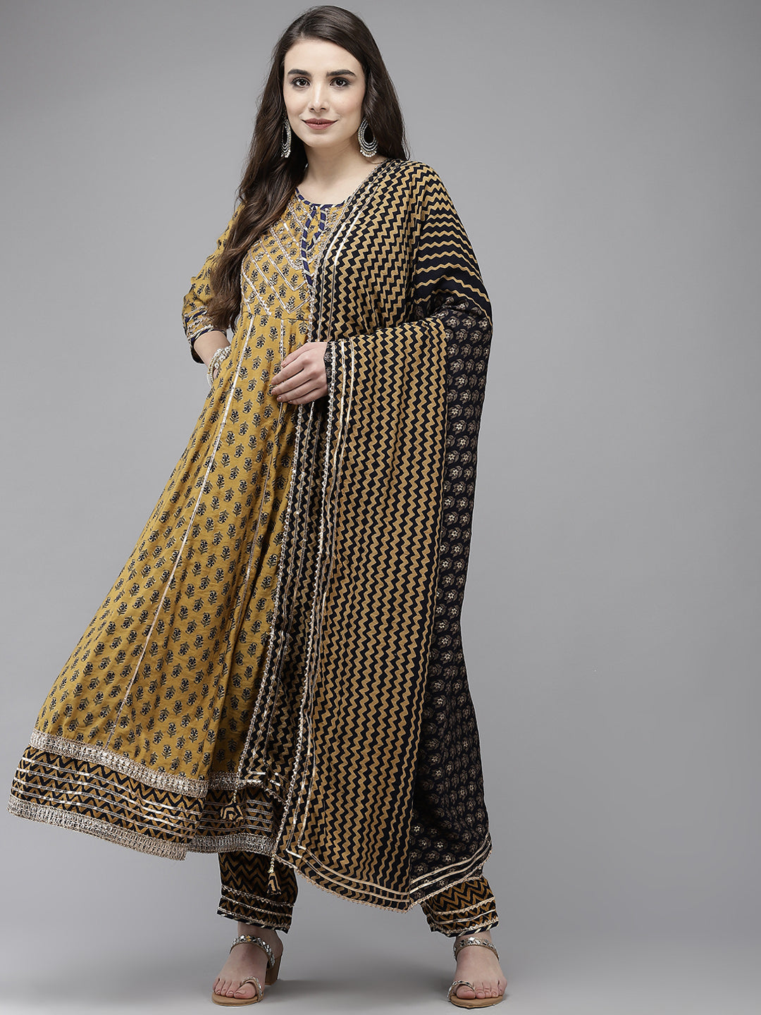 Ishin Women's Mustard Embroidered Angrakha Kurta With Trouser & Dupatta