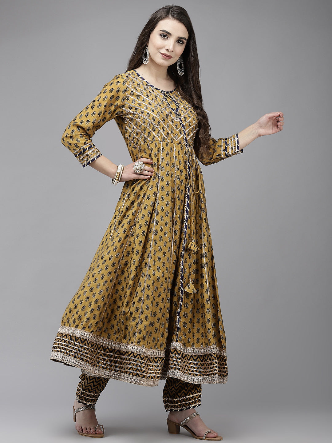 Ishin Women's Mustard Embroidered Angrakha Kurta With Trouser & Dupatta