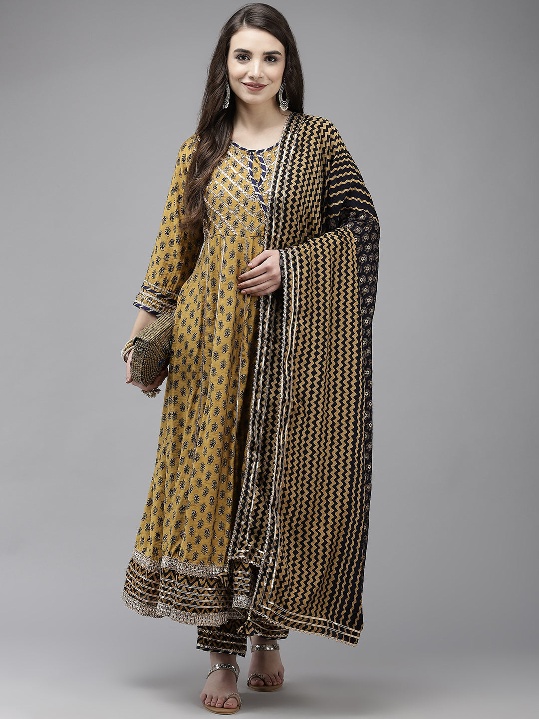 Ishin Women's Mustard Embroidered Angrakha Kurta With Trouser & Dupatta