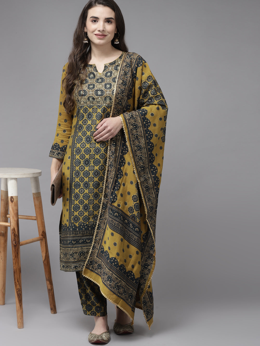 Ishin Women's Mustard & Green Zari Embroidered A Line Kurta With Trouser & Dupatta