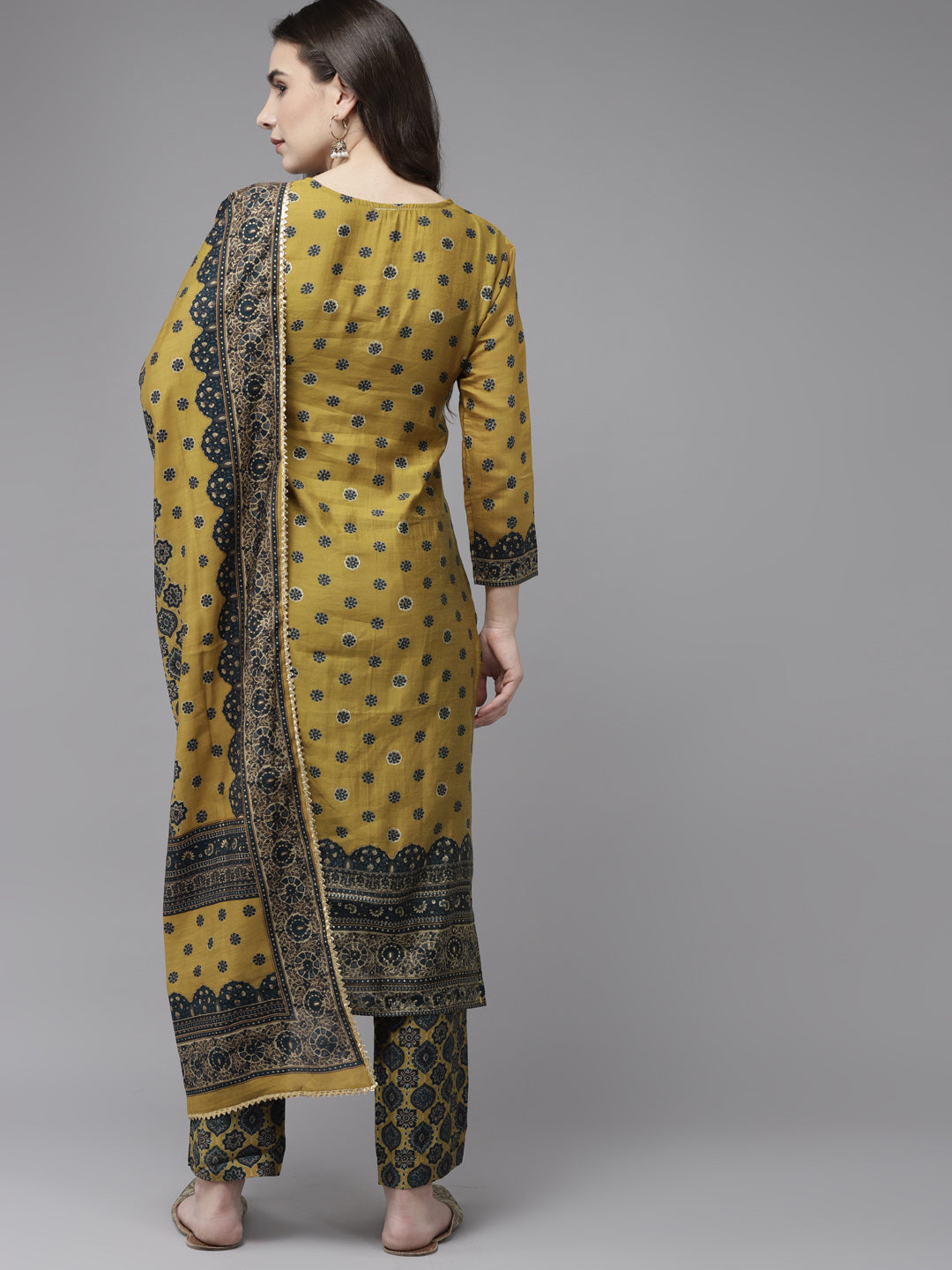 Ishin Women's Mustard & Green Zari Embroidered A Line Kurta With Trouser & Dupatta