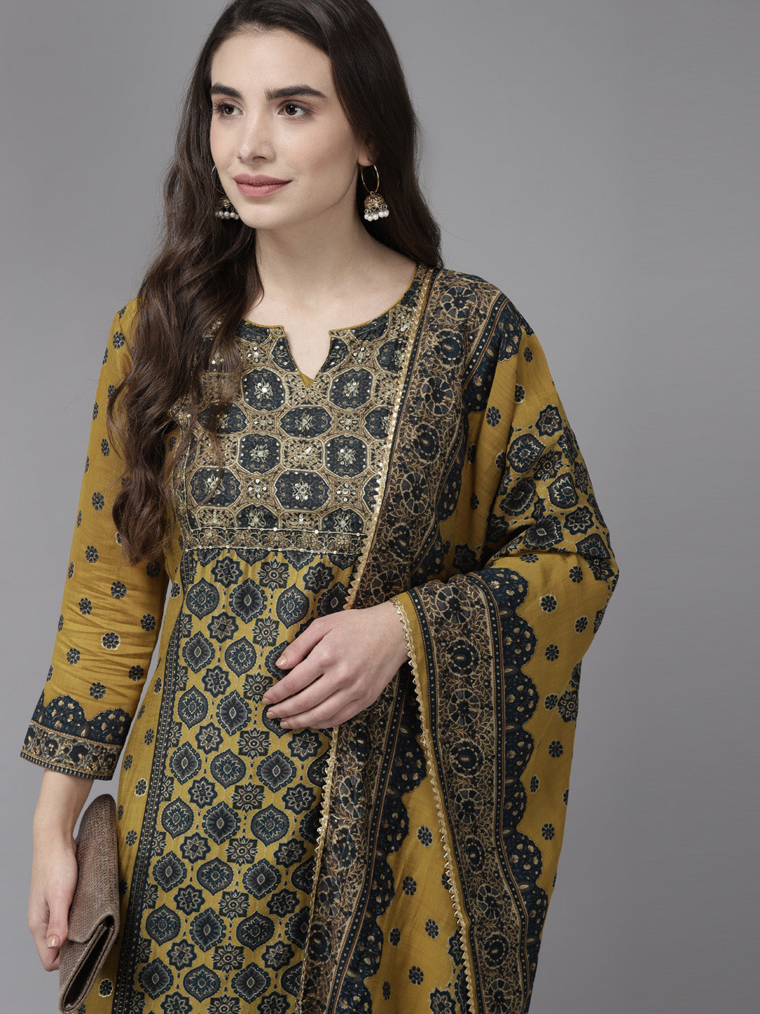 Ishin Women's Mustard & Green Zari Embroidered A Line Kurta With Trouser & Dupatta