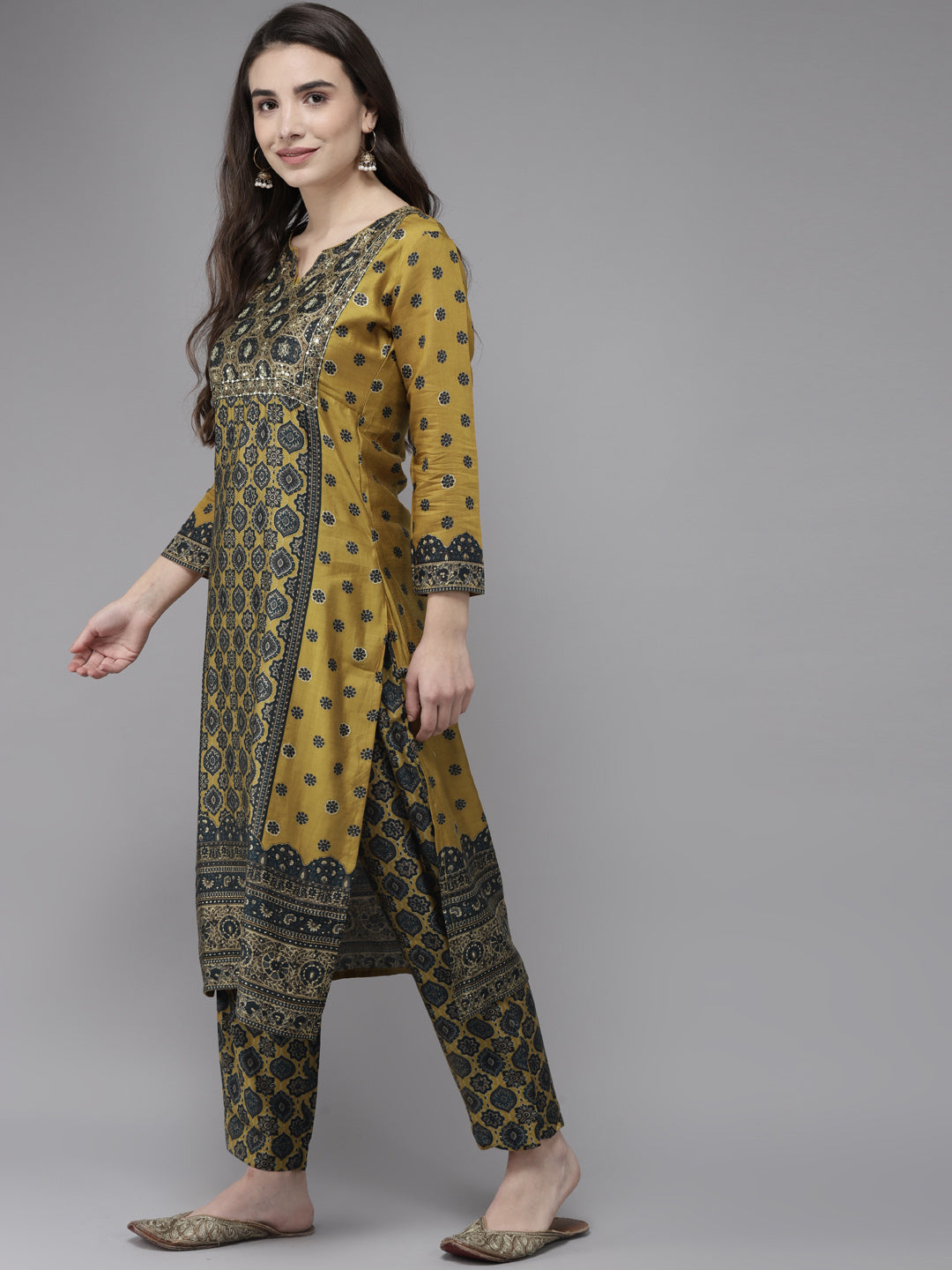 Ishin Women's Mustard & Green Zari Embroidered A Line Kurta With Trouser & Dupatta