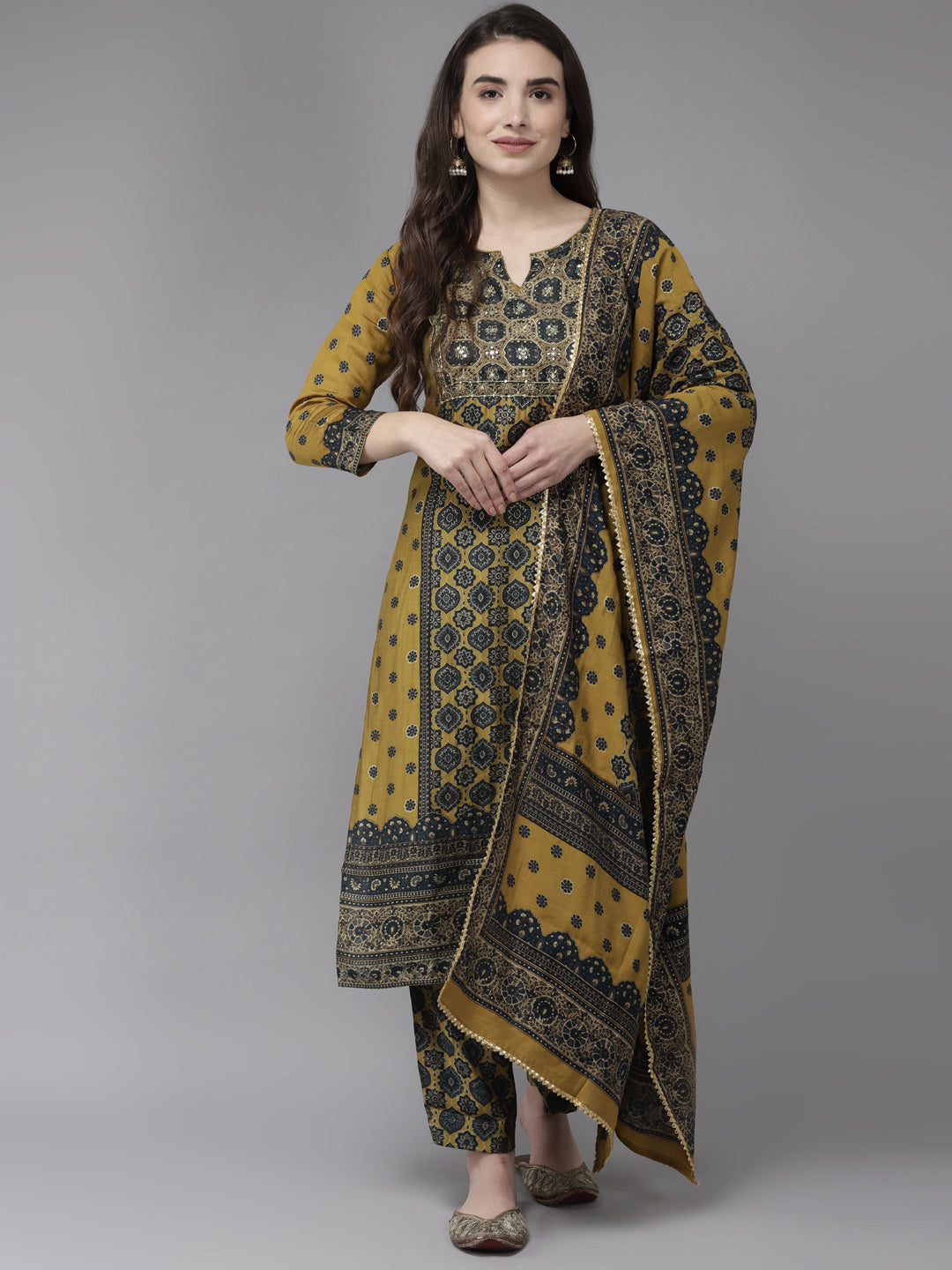 Ishin Women's Mustard & Green Zari Embroidered A Line Kurta With Trouser & Dupatta