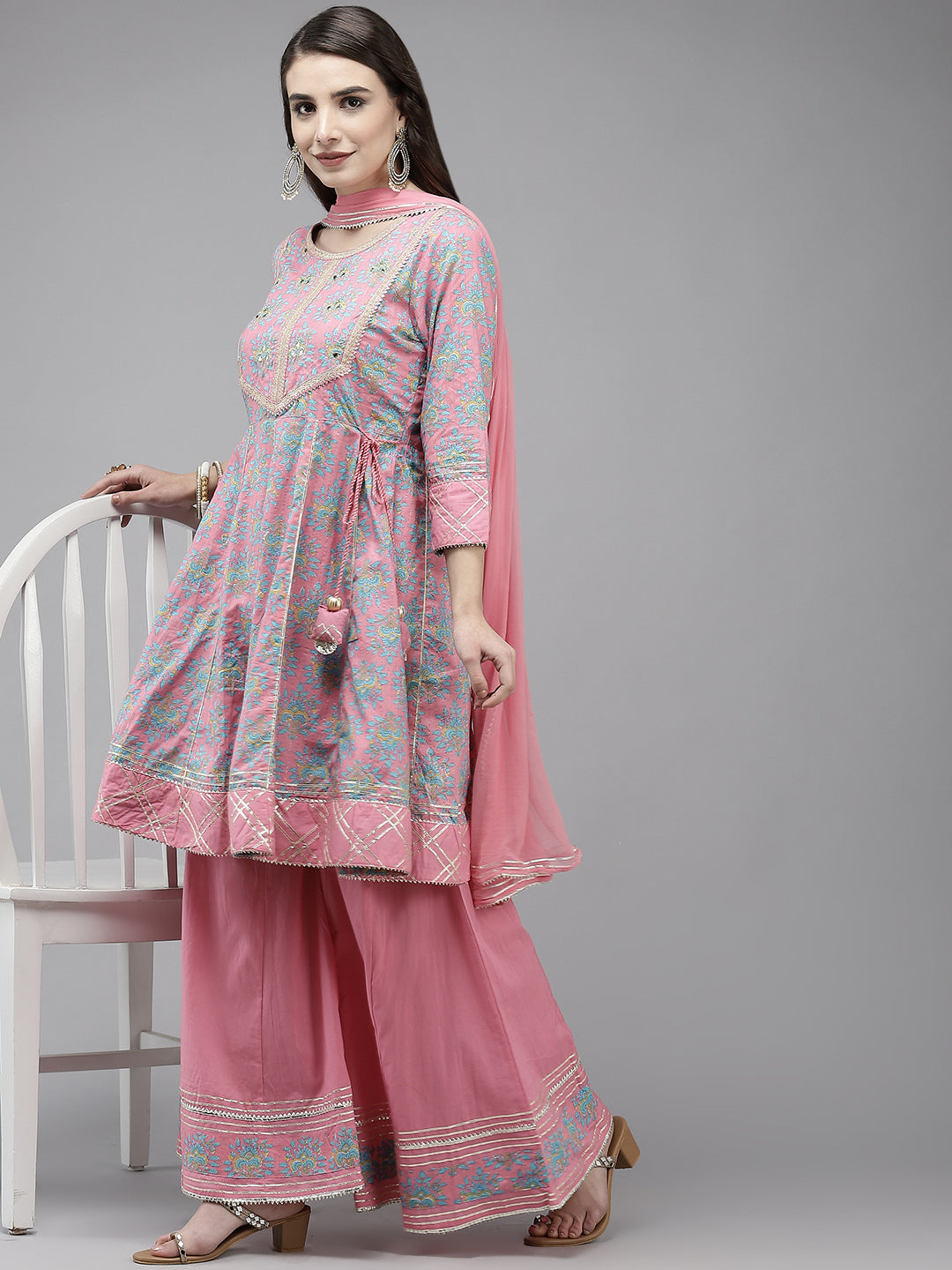 Ishin Women's Cotton Blend Pink Embroidered Peplum Kurta Sharara Dupatta Set