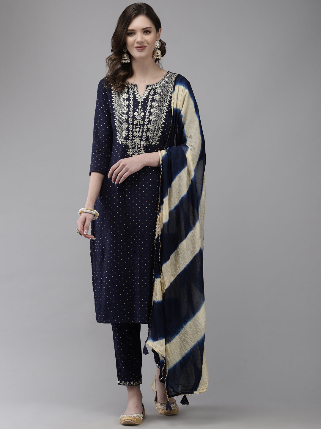 Ishin Women's Rayon Navy Blue Yoke Embroidered A-Line Kurta With Trouser & Dupatta