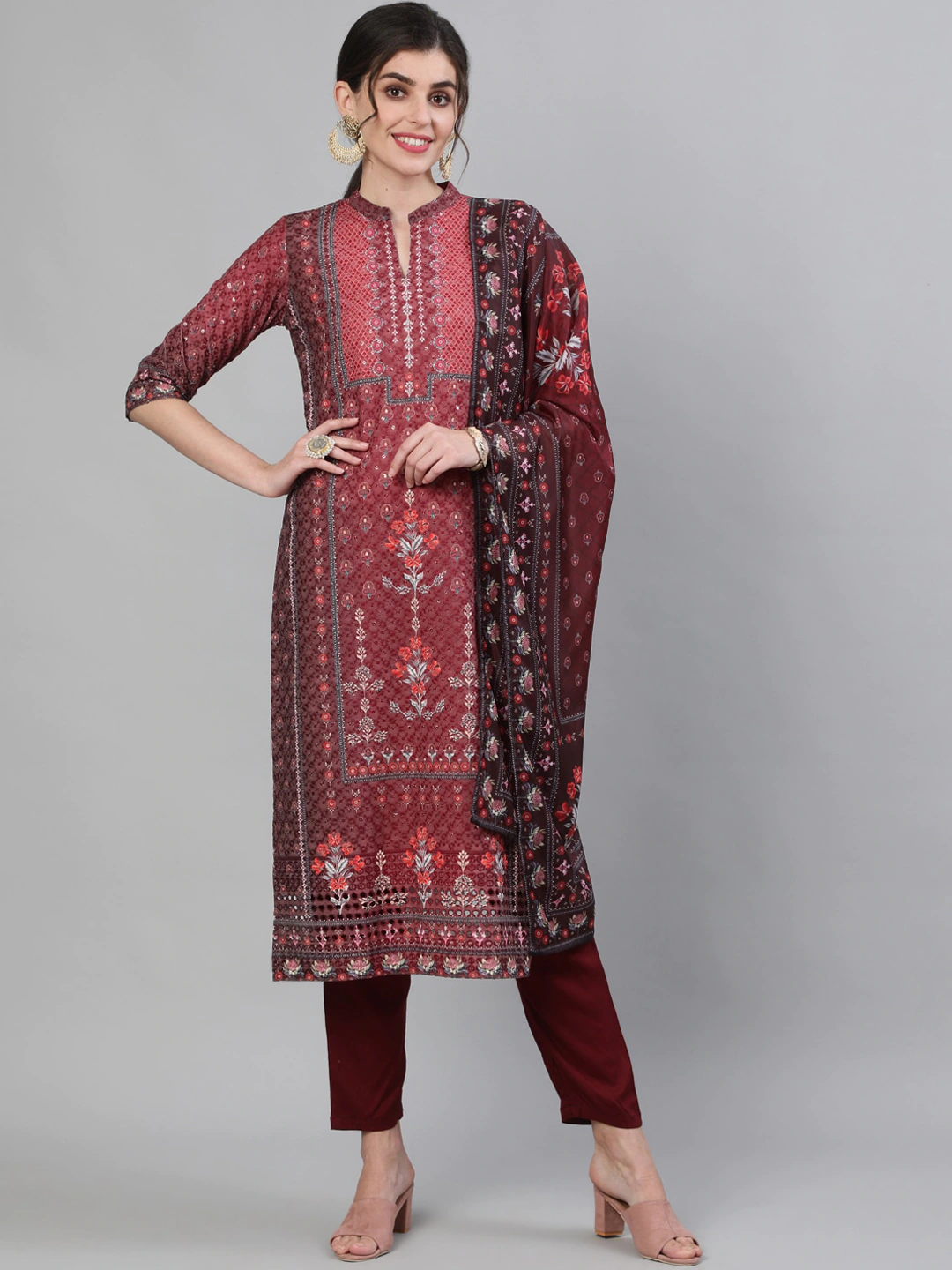 Ishin Women's Cotton Maroon Schiffli Embroidered A-line Kurta, Trouser And Dupatta Set