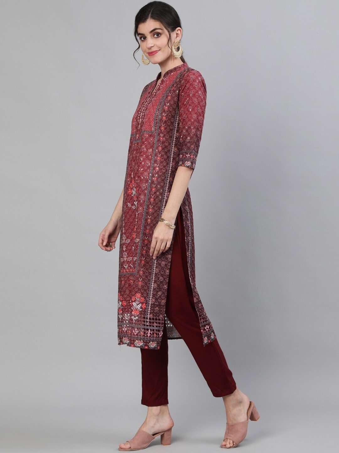 Maroon Schiffli Embroidered Kurta Set