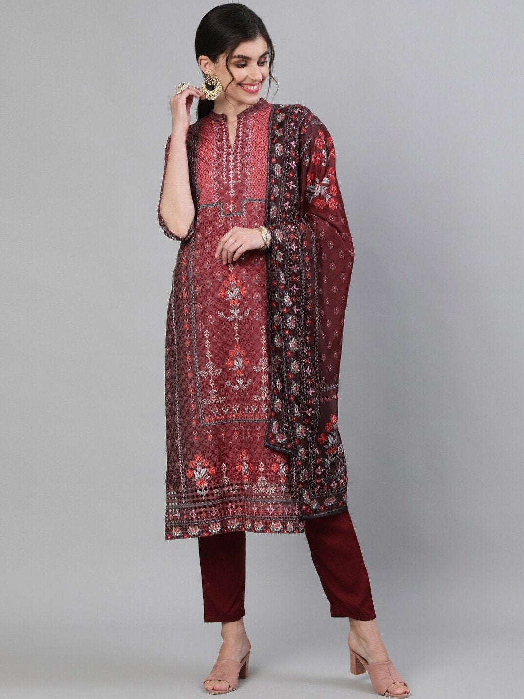 Maroon Schiffli Embroidered Kurta Set