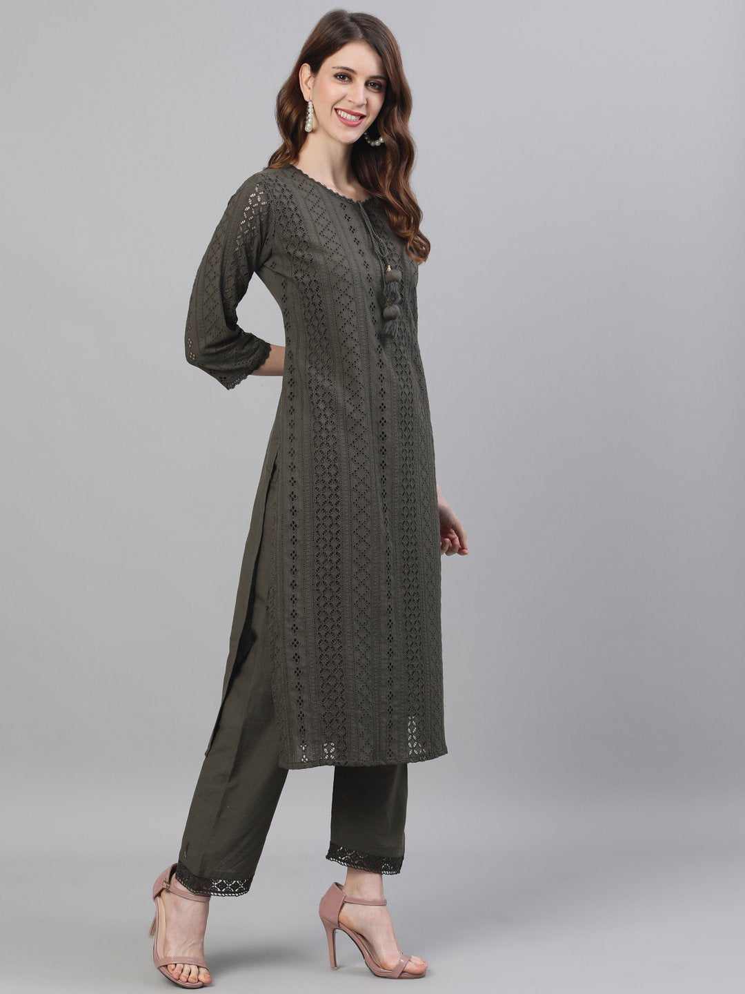 Comfy Cotton Schiffli Green Straight Kurta Set with Straight Bottom and Cotton Soft  Dupatta