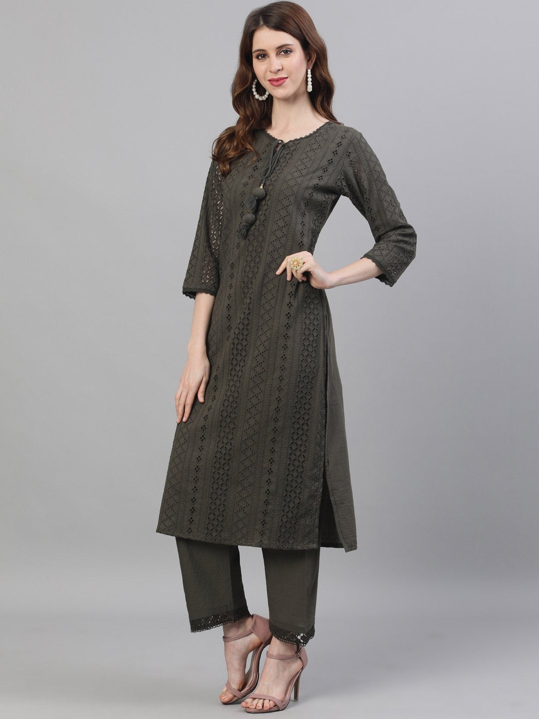 Comfy Cotton Schiffli Green Straight Kurta Set with Straight Bottom and Cotton Soft  Dupatta