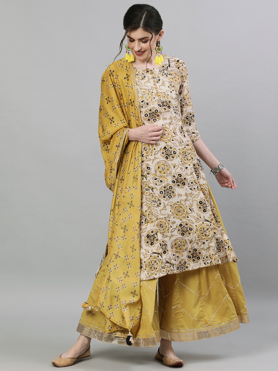 Ishin Women's Rayon Off White & Mustard Zari Embellished A-Line Kurta Sharara Dupatta Set