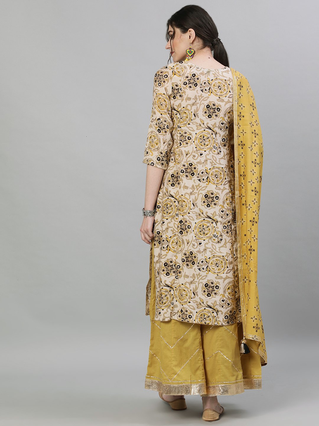 Ishin Women's Rayon Off White & Mustard Zari Embellished A-Line Kurta Sharara Dupatta Set