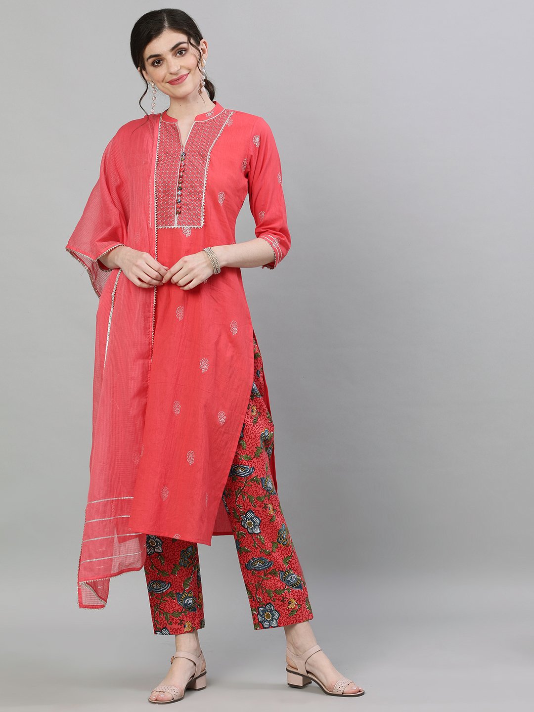 Ishin Women's Cotton Pink Embellished Straight Kurta Trouser Dupatta Set