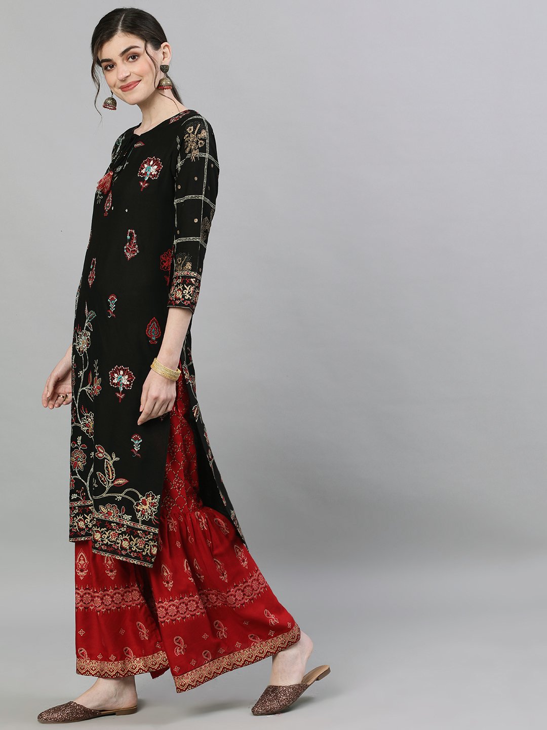 Ishin Women's Rayon Black & Red Embroidered Straight Kurta Sharara Dupatta Set