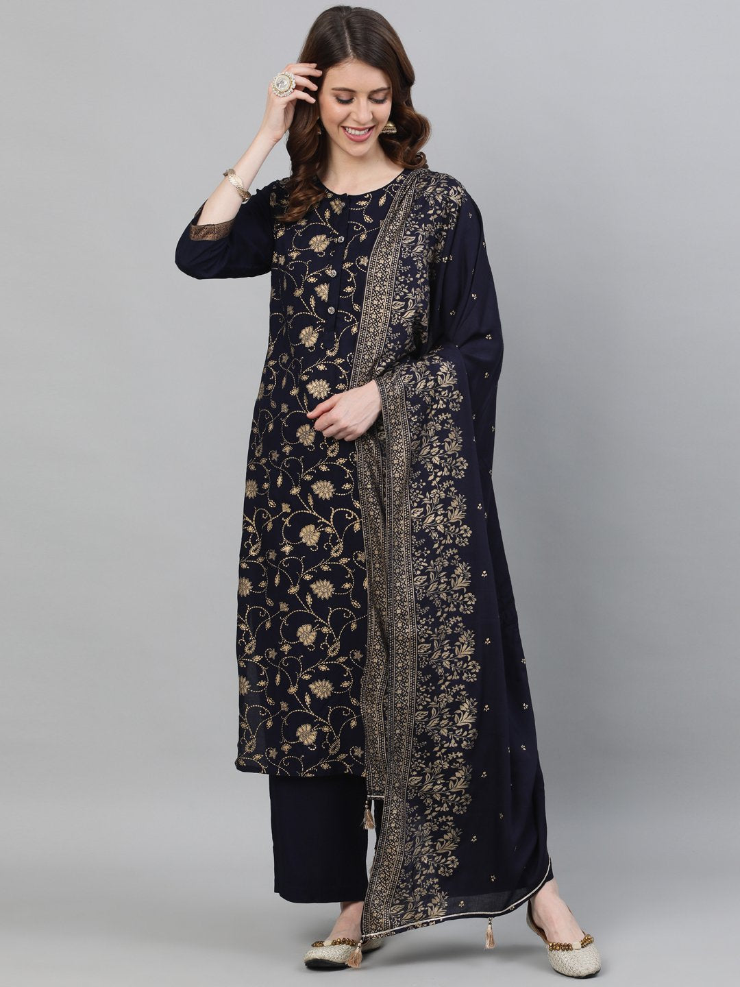 Ishin Women's Viscose Rayon Navy Blue Foil Printed Straight Kurta Palazzo Dupatta Set