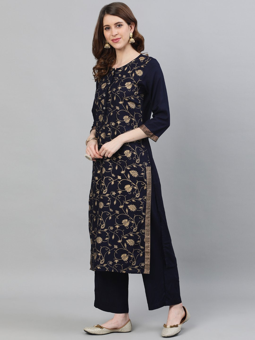 Ishin Women's Viscose Rayon Navy Blue Foil Printed Straight Kurta Palazzo Dupatta Set