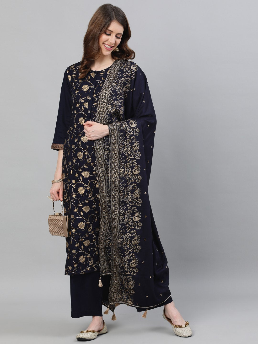 Ishin Women's Viscose Rayon Navy Blue Foil Printed Straight Kurta Palazzo Dupatta Set