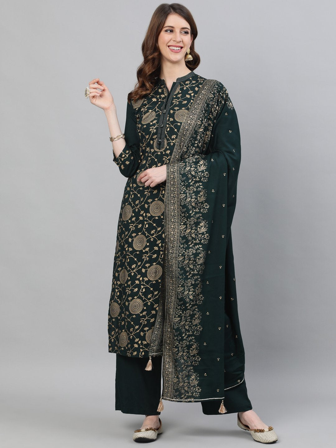 Ishin Women's Viscose Rayon Green Foil Printed Straight Kurta Palazzo Dupatta Set