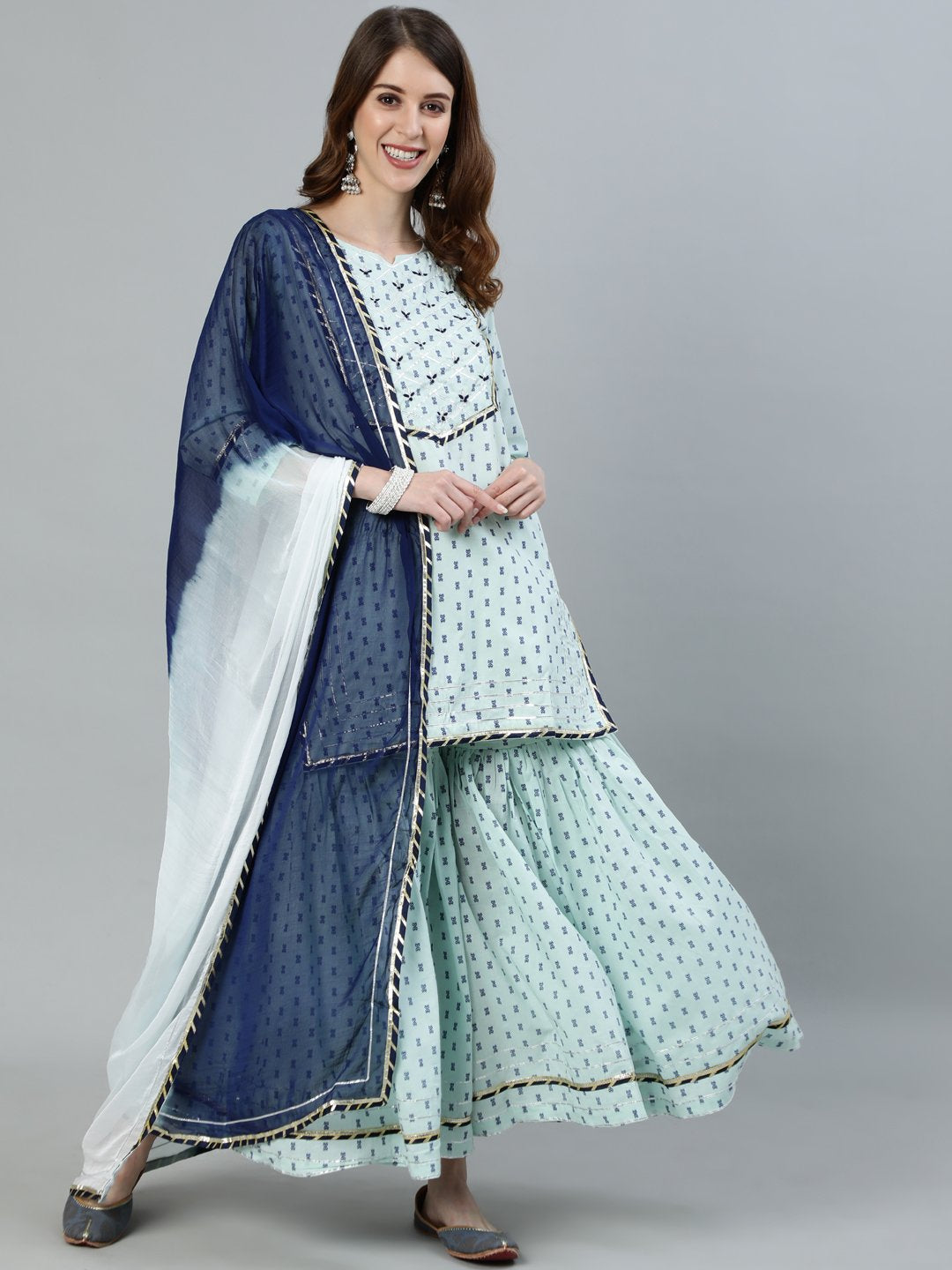 Ishin Women's Sea Blue Gotta Patti Embroidered A-Line Kurta With Sharara & Ombre Dupatta 