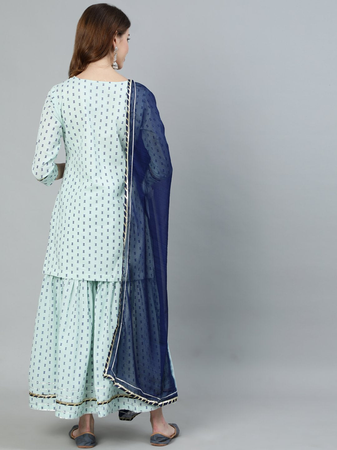 Ishin Women's Sea Blue Gotta Patti Embroidered A-Line Kurta With Sharara & Ombre Dupatta 