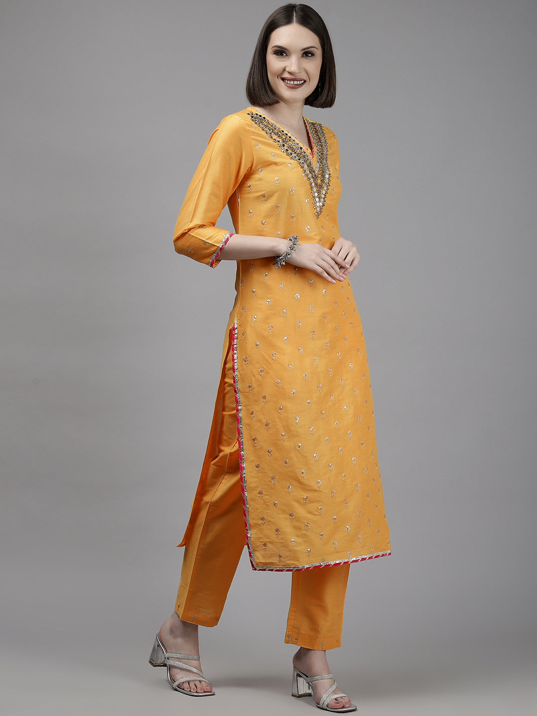 Ishin Women's Yellow Embroidered A-line Kurta with Trouser & Dupatta