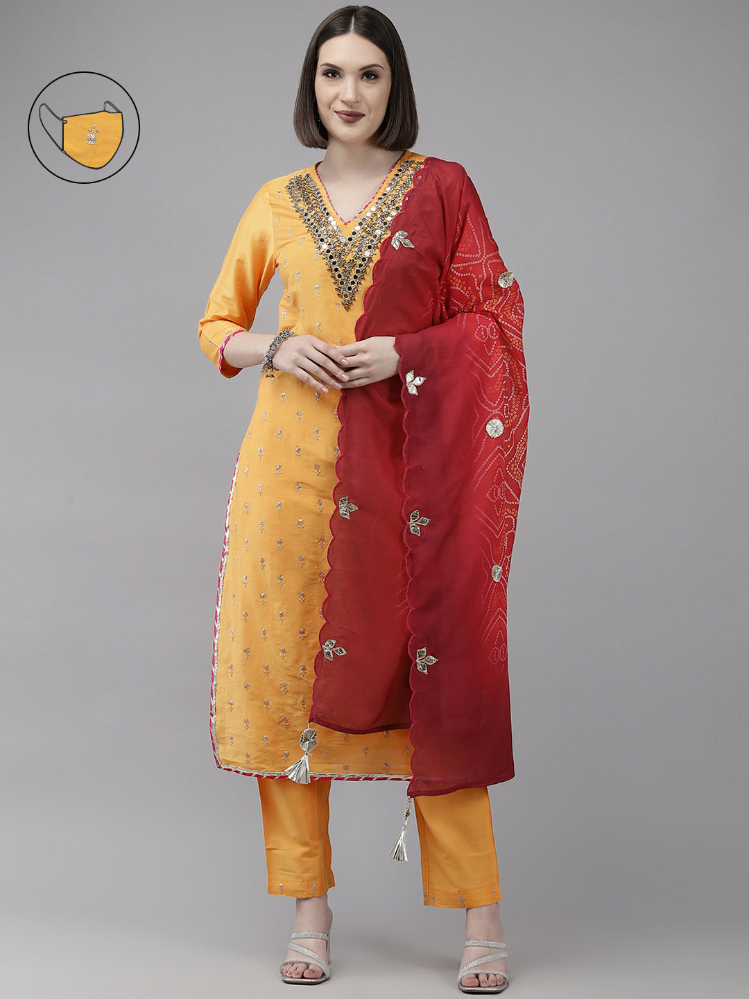 Ishin Women's Yellow Embroidered A-line Kurta with Trouser & Dupatta