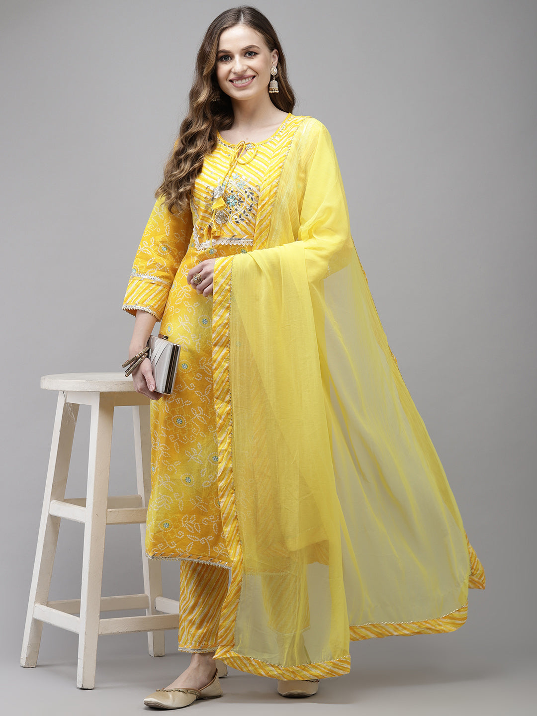 Ishin Women's Cotton Yellow Embroidered Tie & Dye A-Line Kurta Trouser Dupatta Set