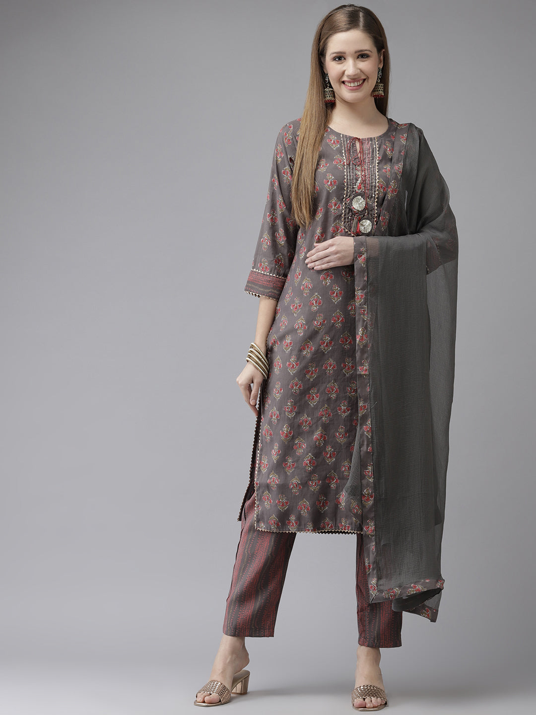 Ishin Women's Art Silk Grey Embroidered A-Line Kurta Trouser Dupatta Set