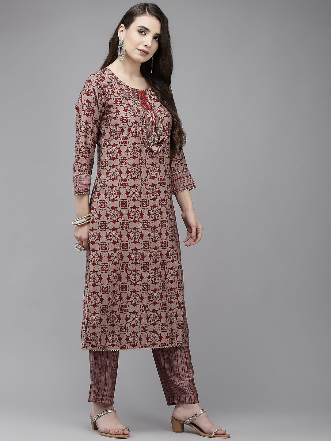 Ishin Women's Maroon Embroidered A-line Kurta with Trouser & Dupatta