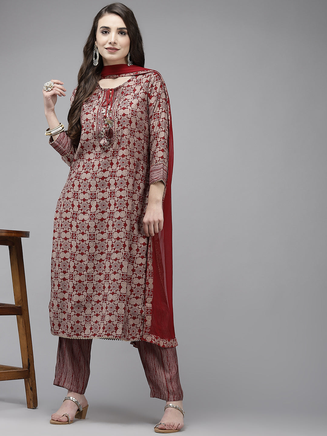 Ishin Women's Maroon Embroidered A-line Kurta with Trouser & Dupatta