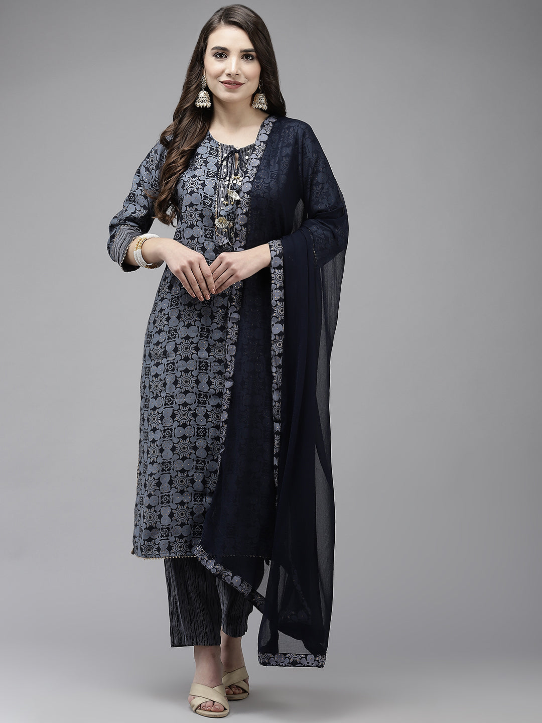 Ishin Women's Navy Blue Embroidered A-line Kurta with Trouser & Dupatta