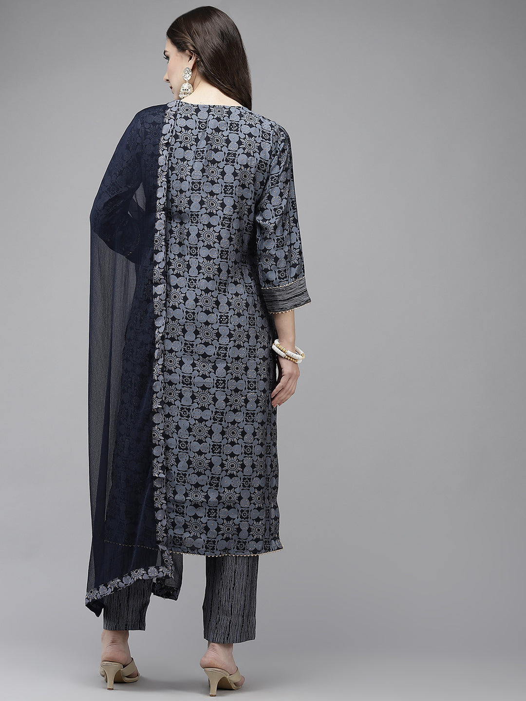 Ishin Women's Navy Blue Embroidered A-line Kurta with Trouser & Dupatta