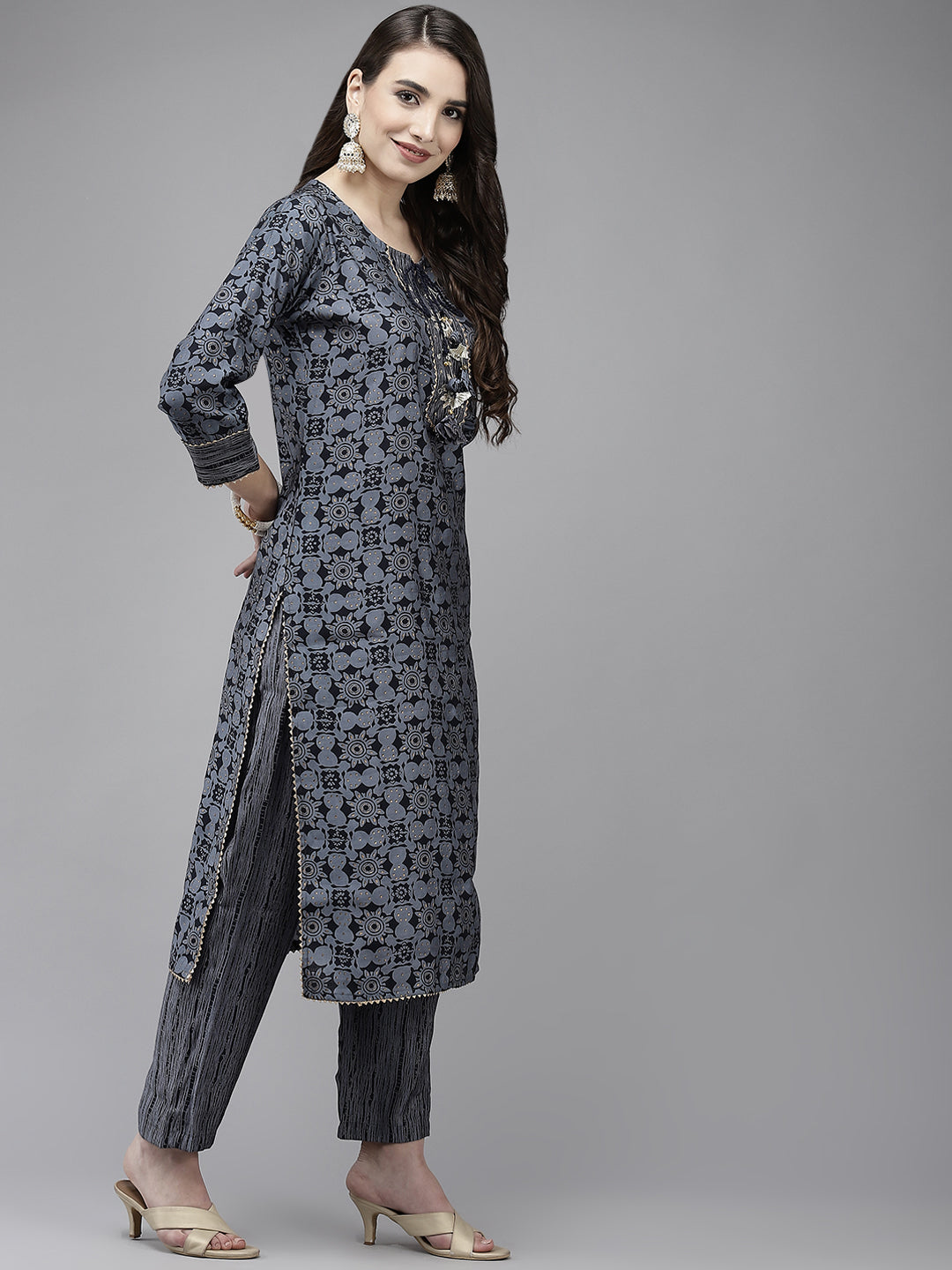 Ishin Women's Navy Blue Embroidered A-line Kurta with Trouser & Dupatta