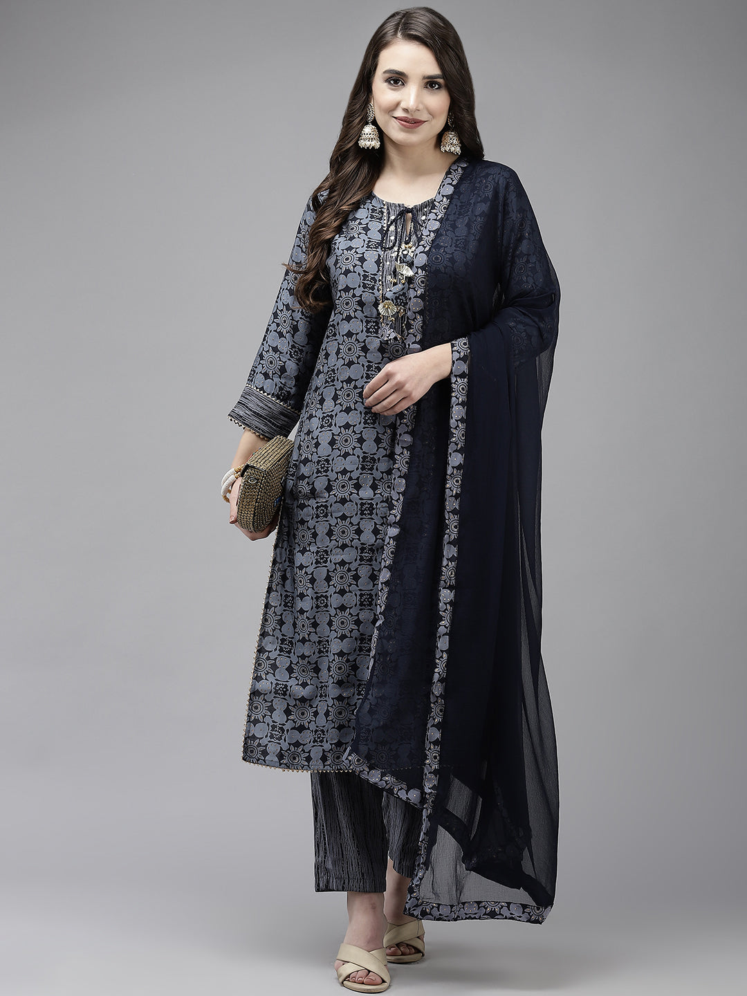 Ishin Women's Navy Blue Embroidered A-line Kurta with Trouser & Dupatta