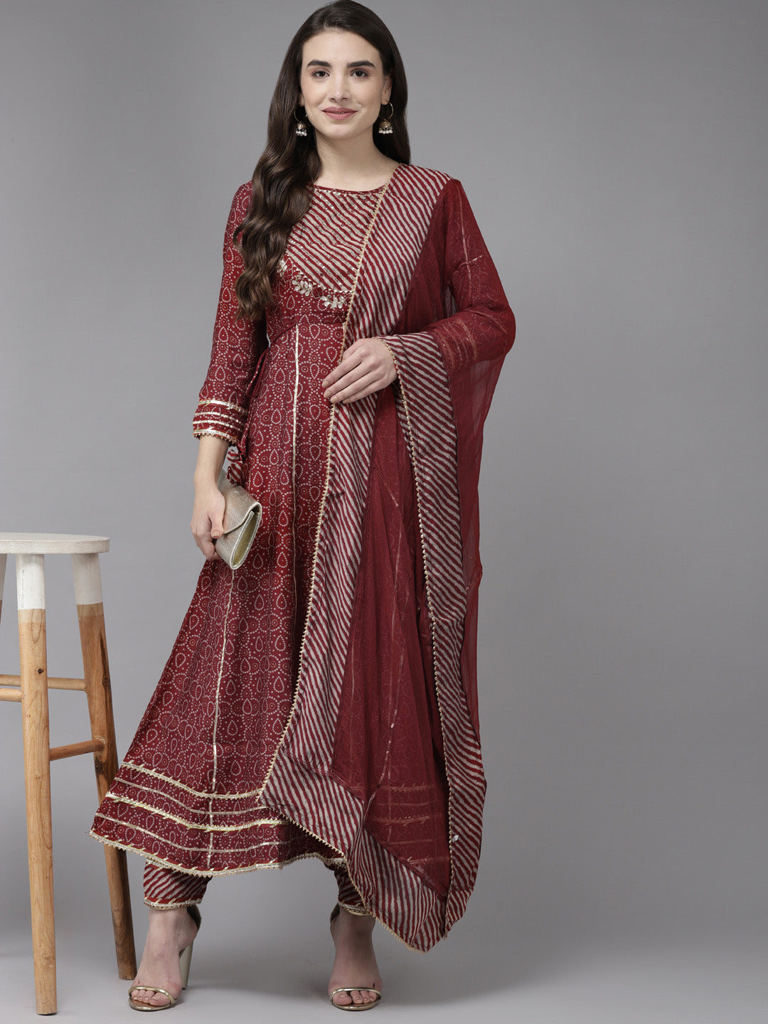 Ishin Women's Maroon Embroidered Anarkali Kurta with Trouser & Dupatta