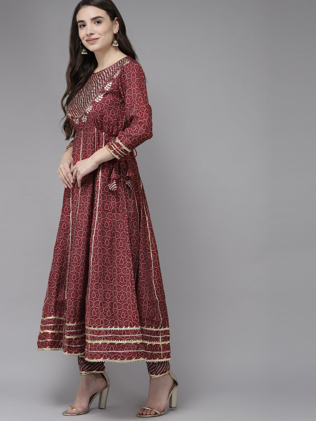 Ishin Women's Maroon Embroidered Anarkali Kurta with Trouser & Dupatta