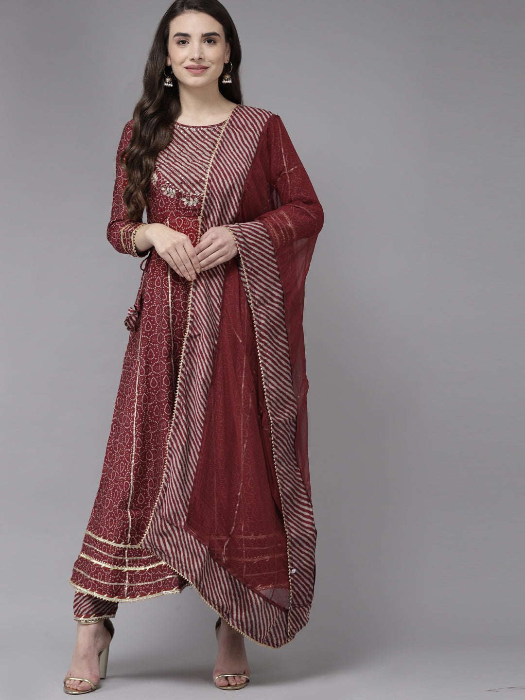 Ishin Women's Maroon Embroidered Anarkali Kurta with Trouser & Dupatta