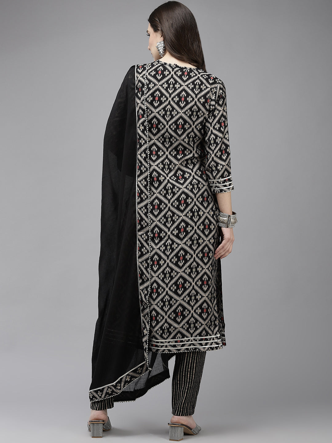 Ishin Women's Silk Blend Black Yoke Embroidered A-Line Kurta Trouser Dupatta Set