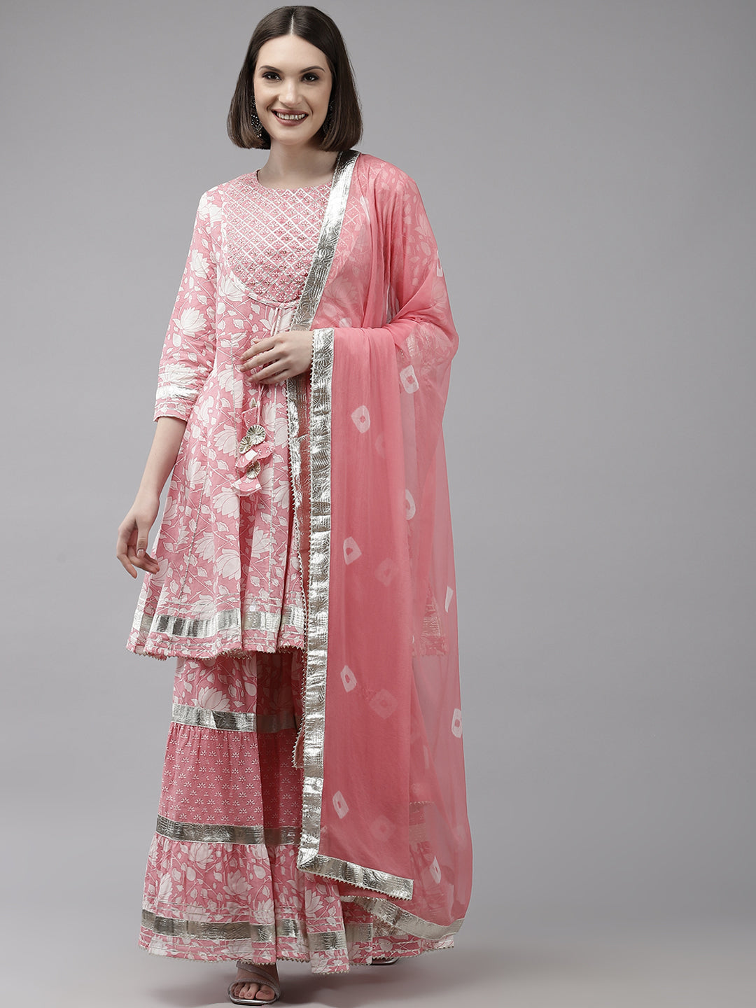 Ishin Women's Cotton Pink Embroidered Anarkali Peplum Kurta Sharara Dupatta Set