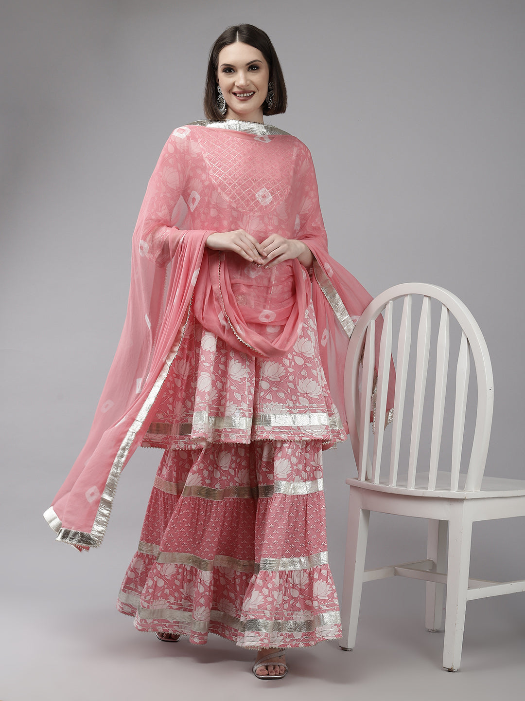 Ishin Women's Cotton Pink Embroidered Anarkali Peplum Kurta Sharara Dupatta Set