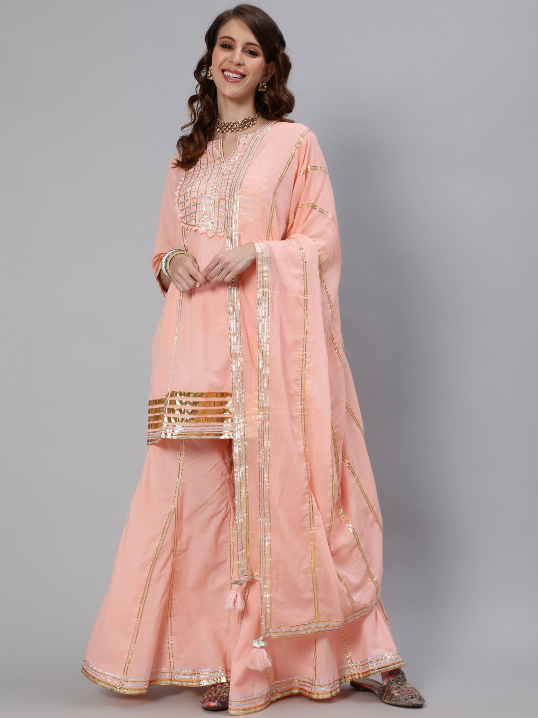 Ishin Women's Peach Embroidered Short Straight Kurta With Sharara & Dupatta