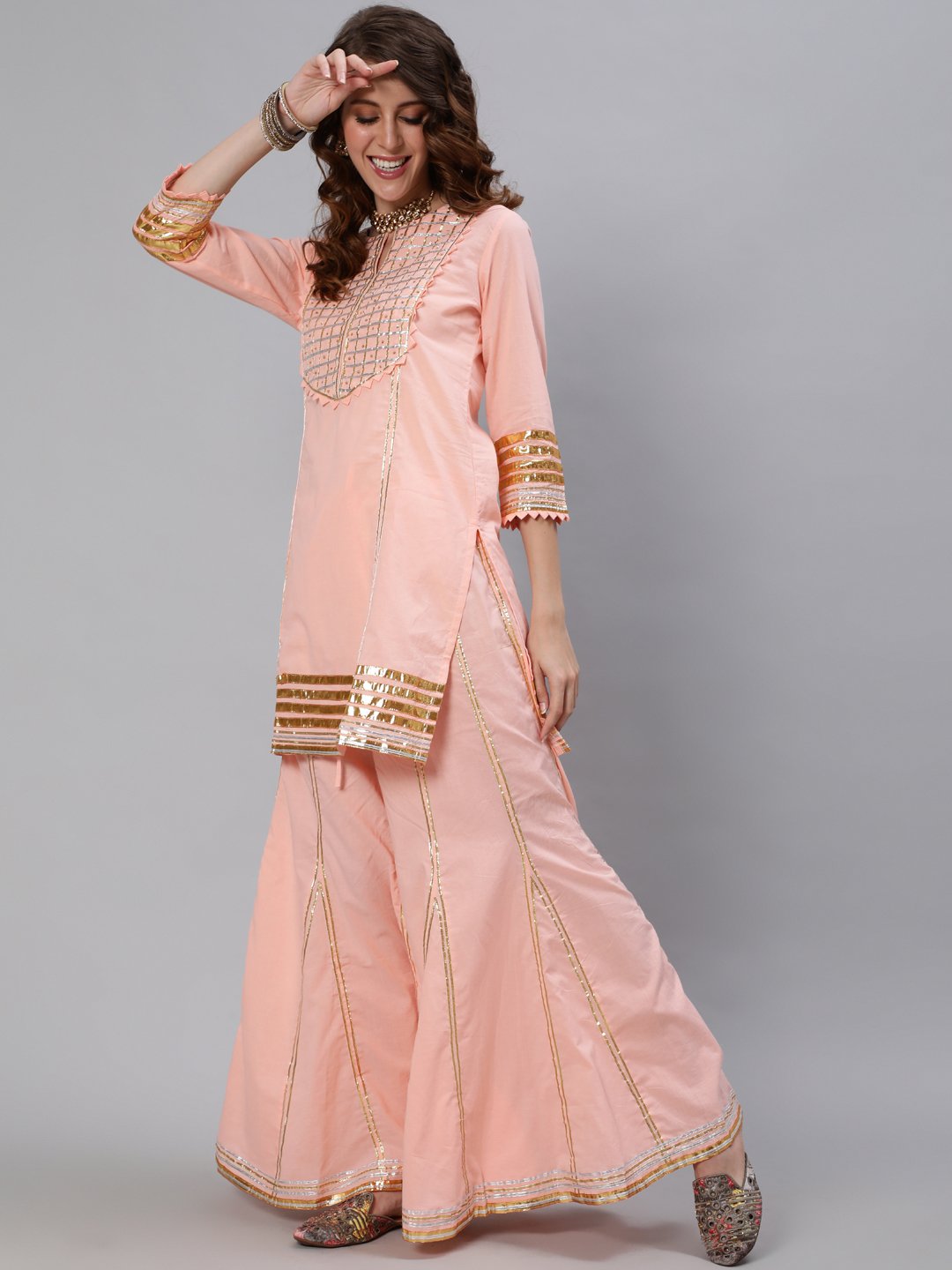 Ishin Women's Peach Embroidered Short Straight Kurta With Sharara & Dupatta