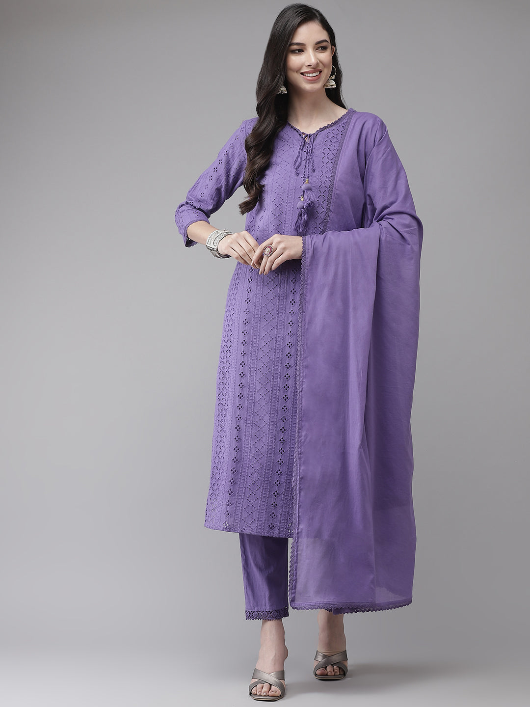 Ishin Women's Cotton Purple Schiffli Embroidered A-Line Kurta Trouser Dupatta Set