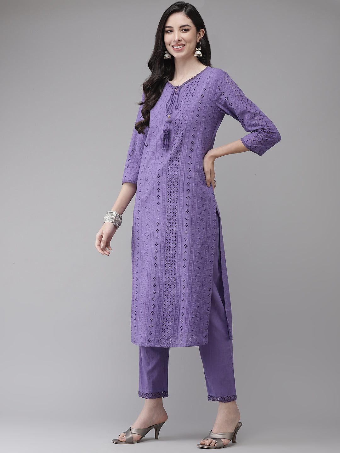 Ishin Women's Cotton Purple Schiffli Embroidered A-Line Kurta Trouser Dupatta Set