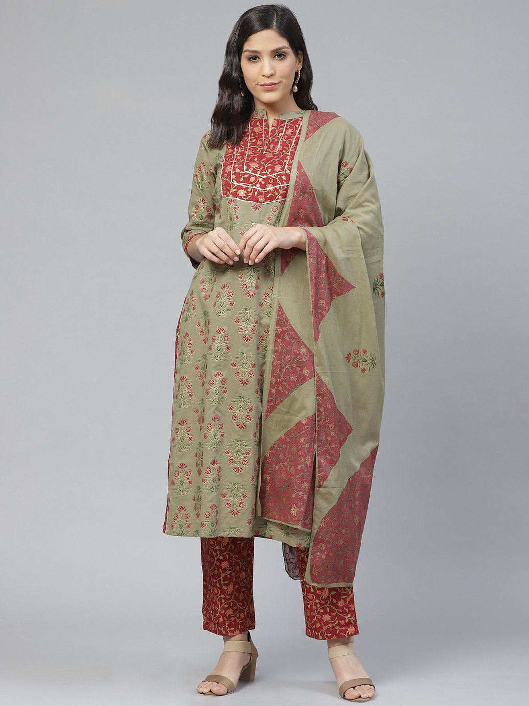 Ishin Women's Rayon Green & Maroon Printed A-Line Kurta Trouser Dupatta Set