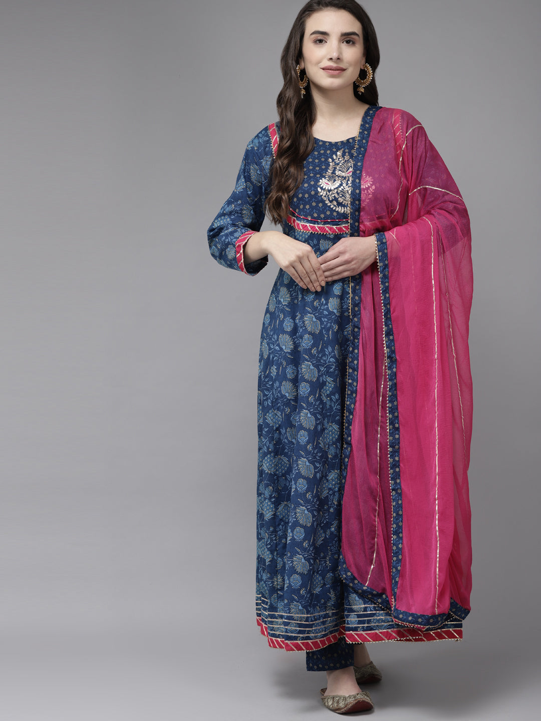 Ishin Women's Cotton Blend Blue Embroidered Anarkali Kurta Trouser Dupatta Set