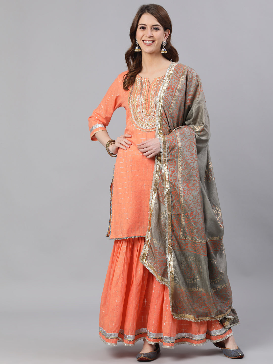 Ishin Womens Peach Embroidered A-Line Kurta Sharara Dupatta Set