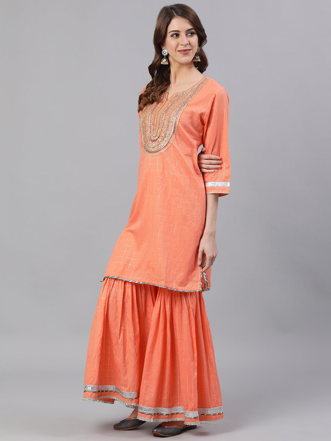 Ishin Womens Peach Embroidered A-Line Kurta Sharara Dupatta Set