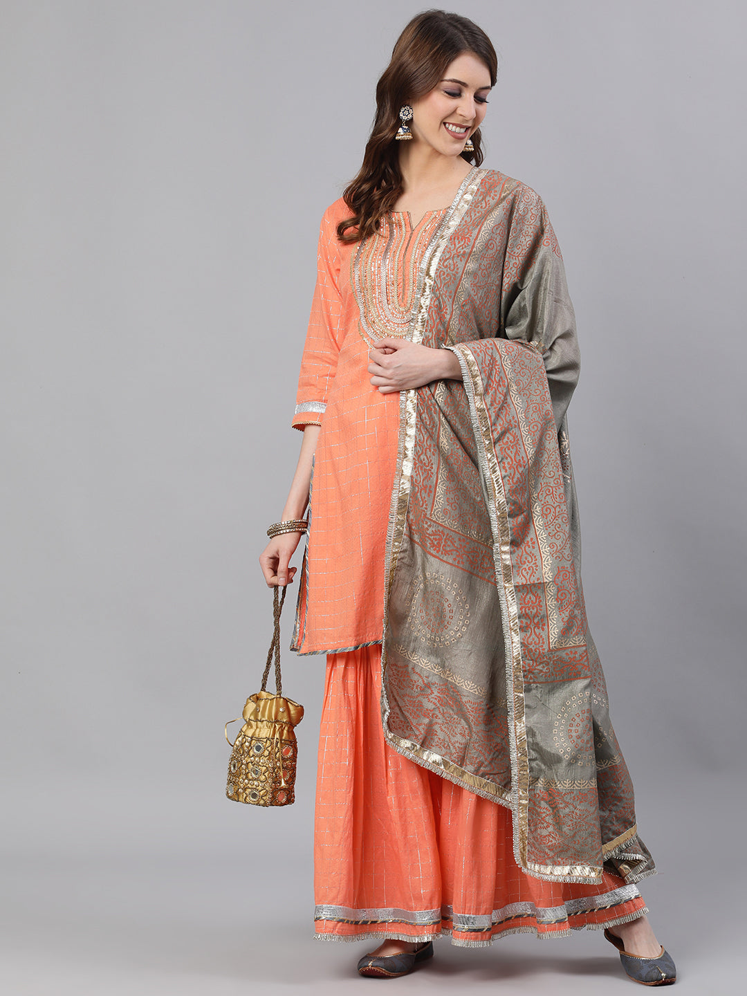 Ishin Womens Peach Embroidered A-Line Kurta Sharara Dupatta Set